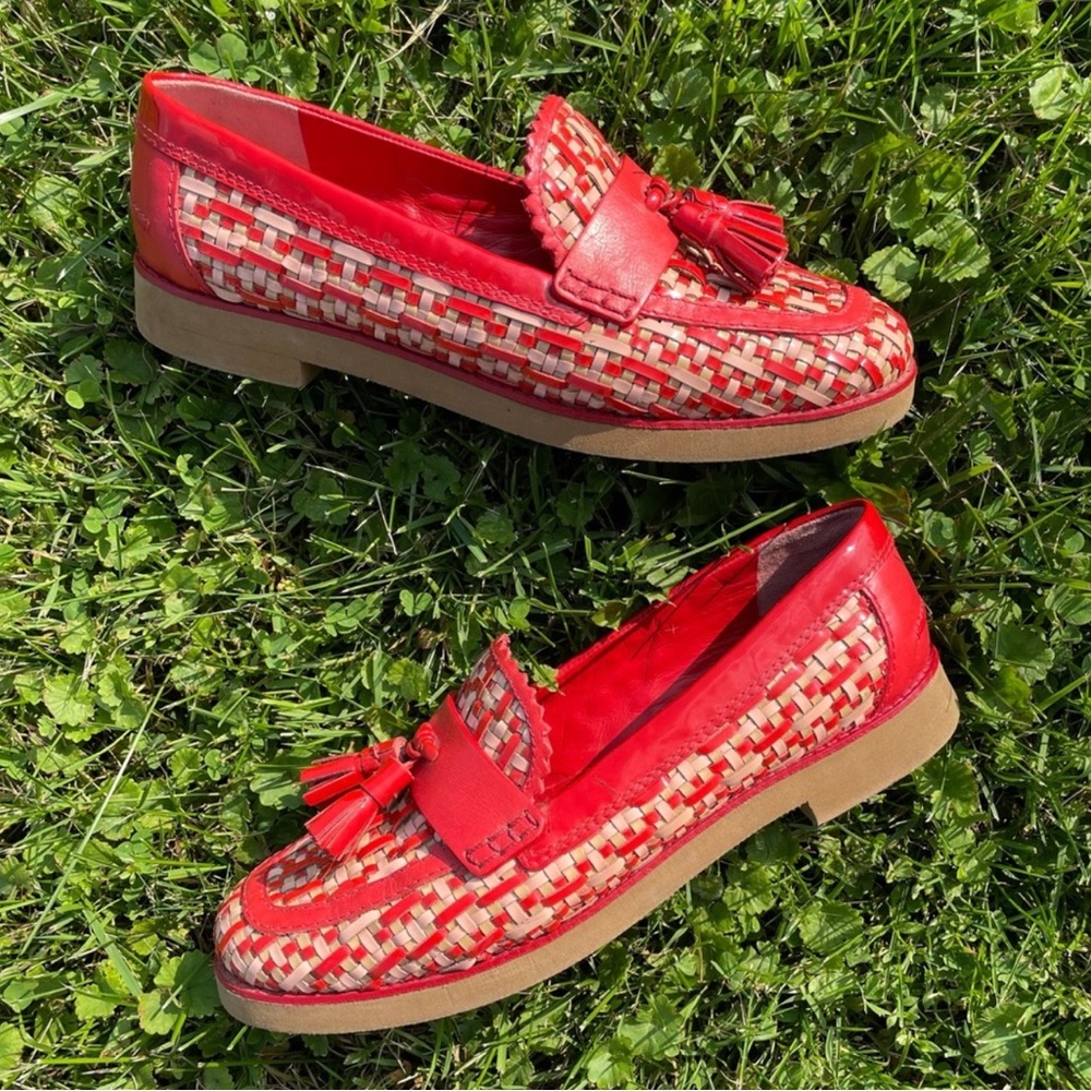 Tory Burch Red and Tan Woven Loafers